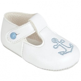Baby Boys White & Sky Blue Anchor T-Bar Shoes